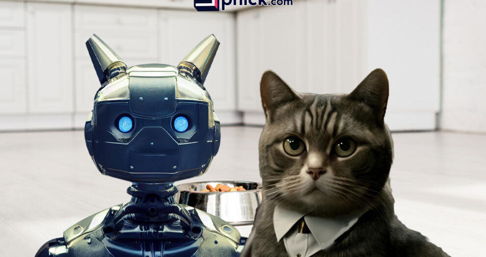 Un gato con su amigo robot